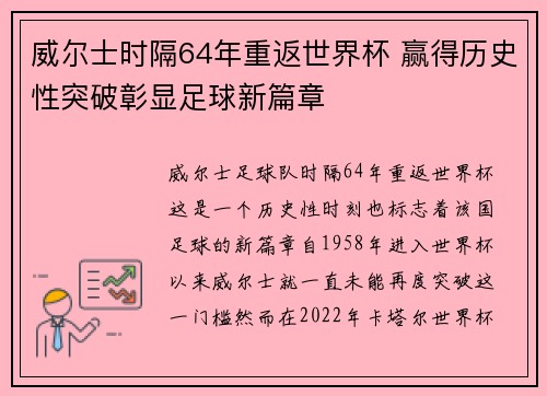威尔士时隔64年重返世界杯 赢得历史性突破彰显足球新篇章