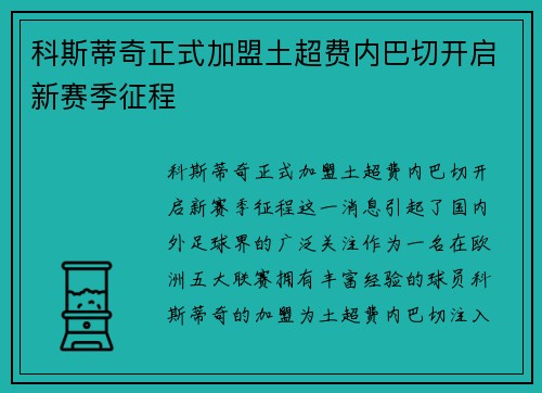 科斯蒂奇正式加盟土超费内巴切开启新赛季征程